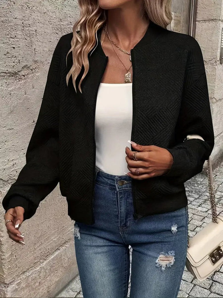 Women's Quilted Zip-Up Bomber Jacket Textured Cropped - Black