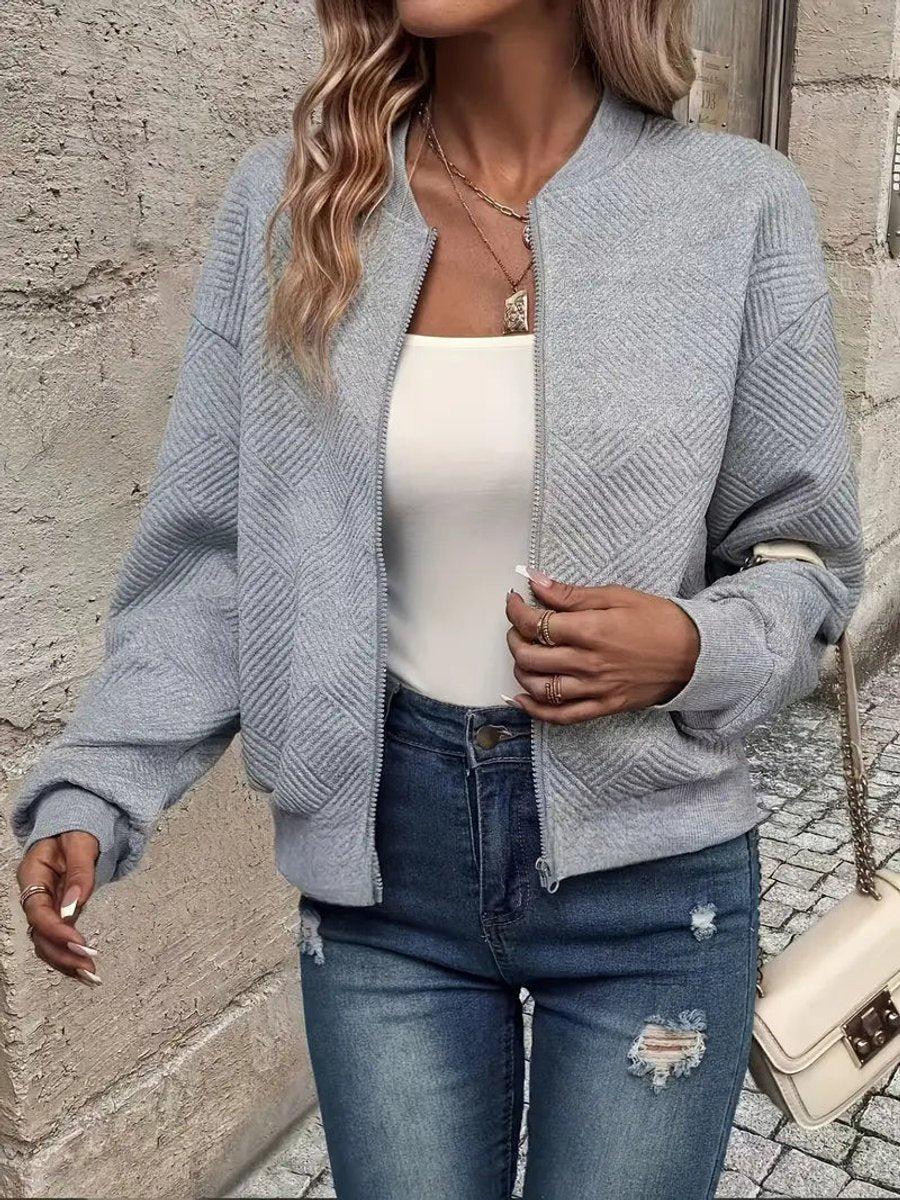 Women's Quilted Zip-Up Bomber Jacket Textured Cropped - Gray