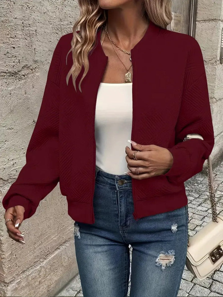 Women's Quilted Zip-Up Bomber Jacket Textured Cropped - Dark Red