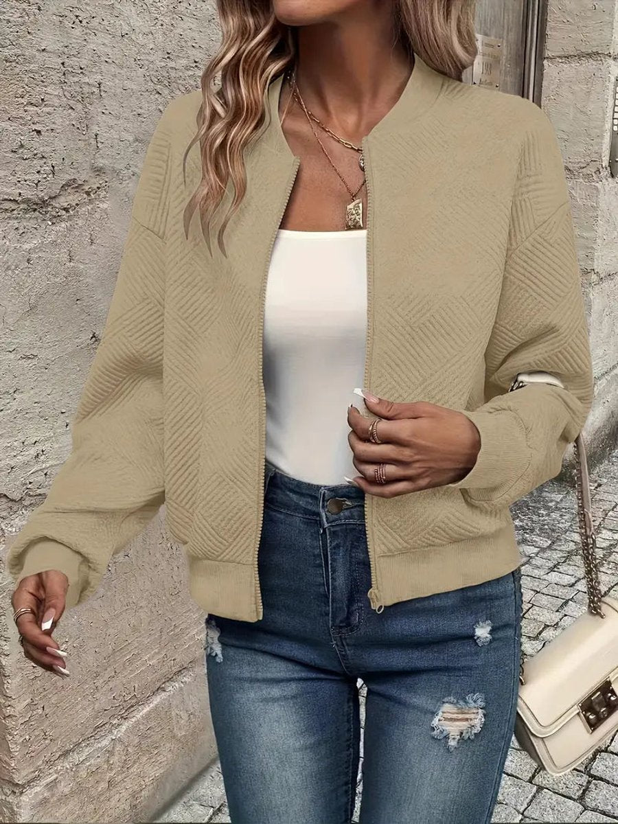 Women's Quilted Zip-Up Bomber Jacket Textured Cropped - Khaki