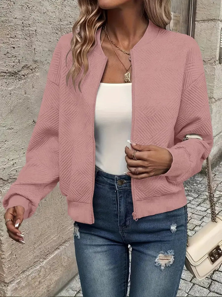 Women's Quilted Zip-Up Bomber Jacket Textured Cropped - Pink