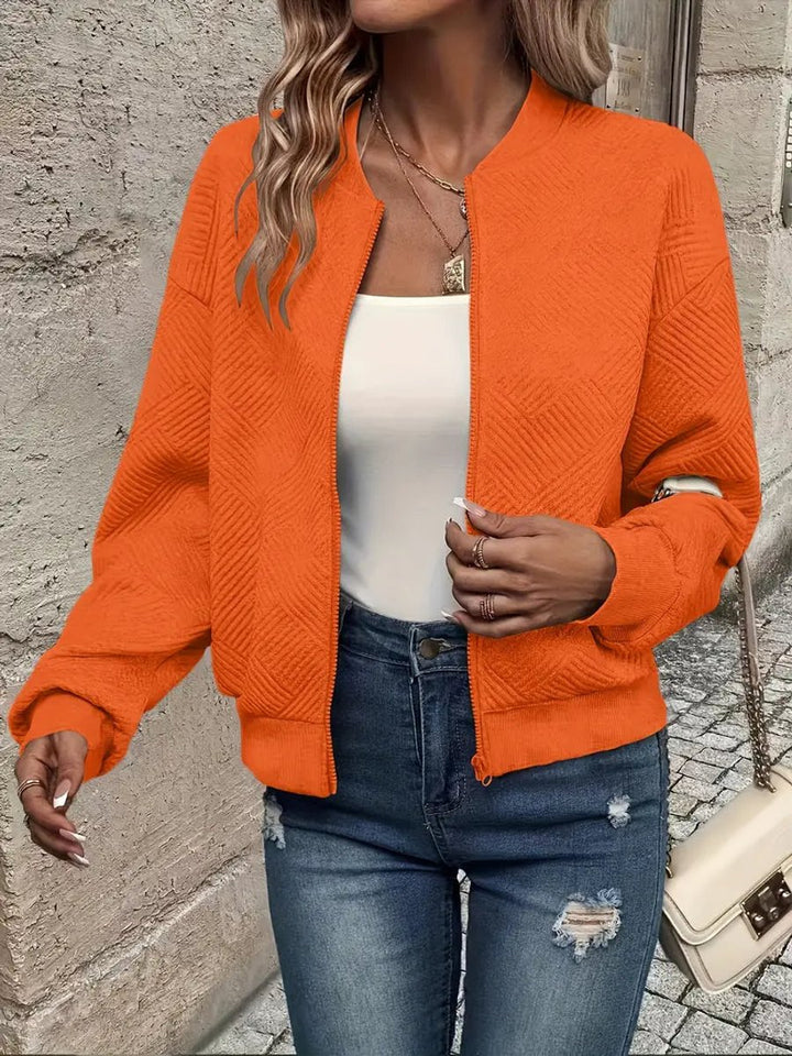Women's Quilted Zip-Up Bomber Jacket Textured Cropped - Orange
