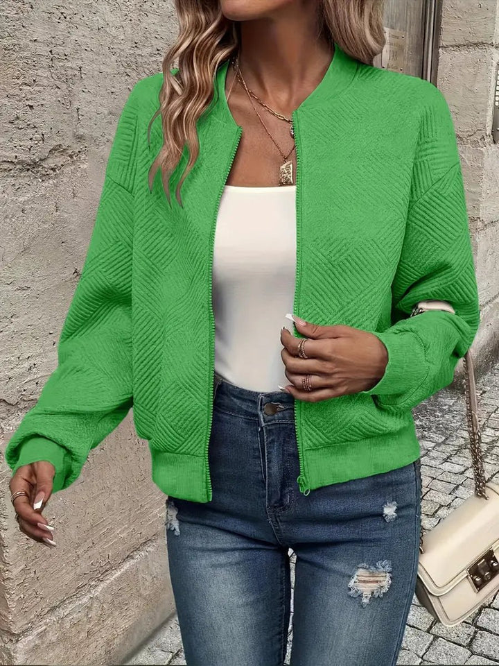 Women's Quilted Zip-Up Bomber Jacket Textured Cropped - Green