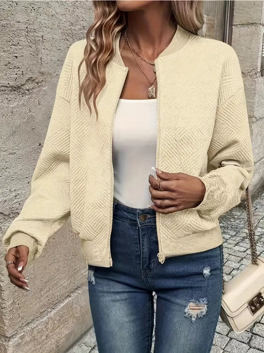 Women's Quilted Zip-Up Bomber Jacket Textured Cropped - Apricot