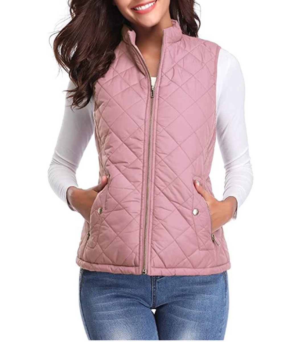Women's Quilted Zip-Up Lightweight Puffer Vest Stand Collar - Pink