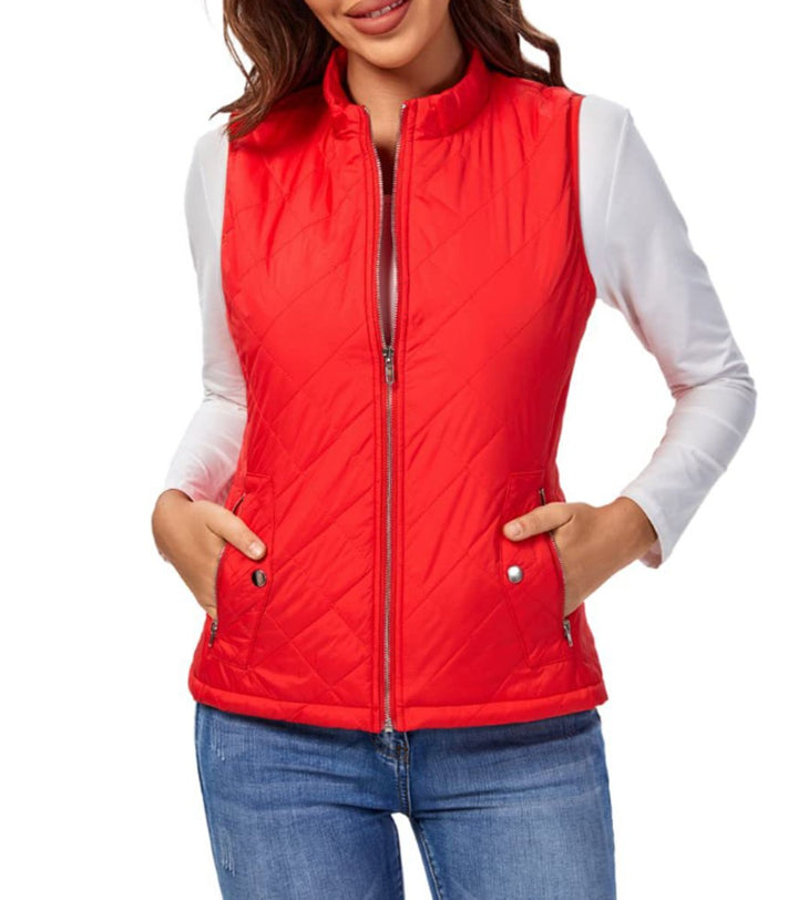 Women's Quilted Zip-Up Lightweight Puffer Vest Stand Collar - Red