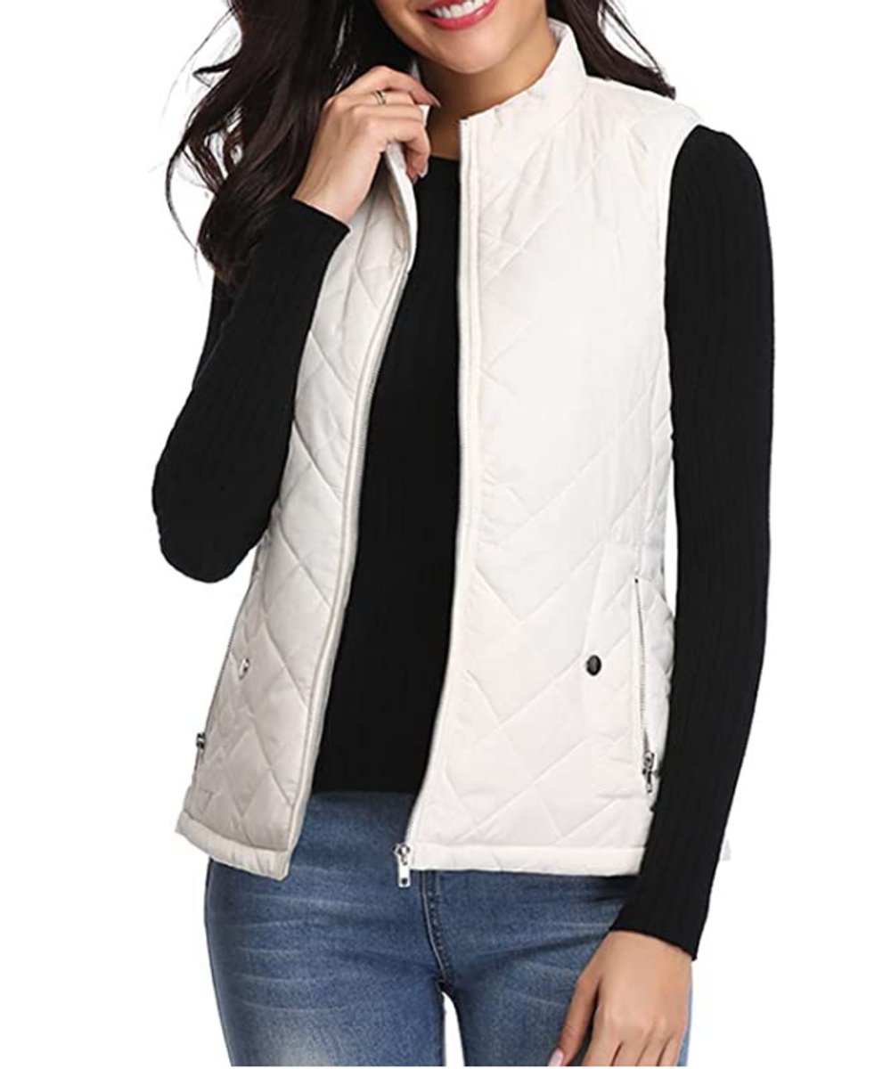 Women's Quilted Zip-Up Lightweight Puffer Vest Stand Collar - White