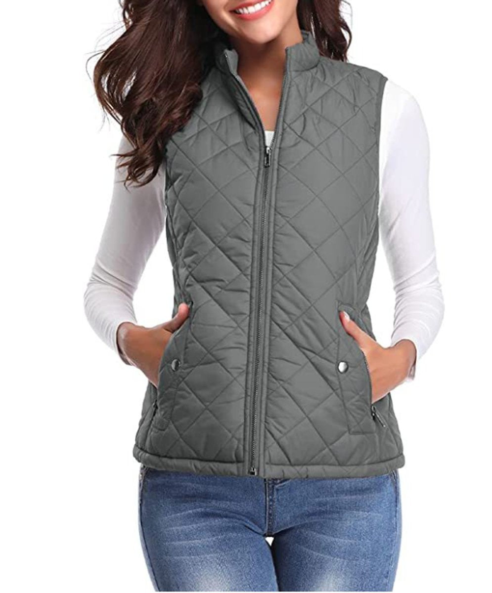 Women's Quilted Zip-Up Lightweight Puffer Vest Stand Collar - Gray