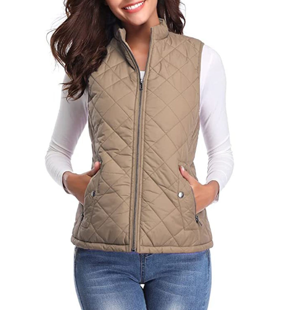 Women's Quilted Zip-Up Lightweight Puffer Vest Stand Collar - Light Mocha