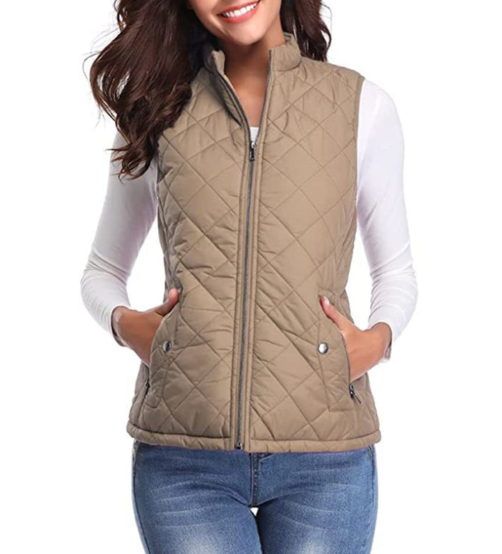 Women's Quilted Zip-Up Lightweight Puffer Vest Stand Collar - Light Mocha