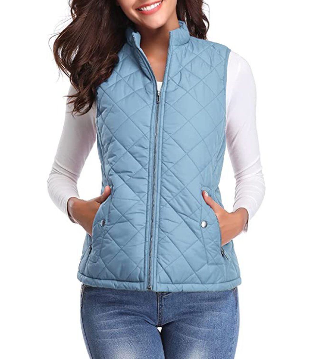 Women's Quilted Zip-Up Lightweight Puffer Vest Stand Collar - Light Blue