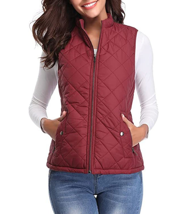 Women's Quilted Zip-Up Lightweight Puffer Vest Stand Collar - Burgundy