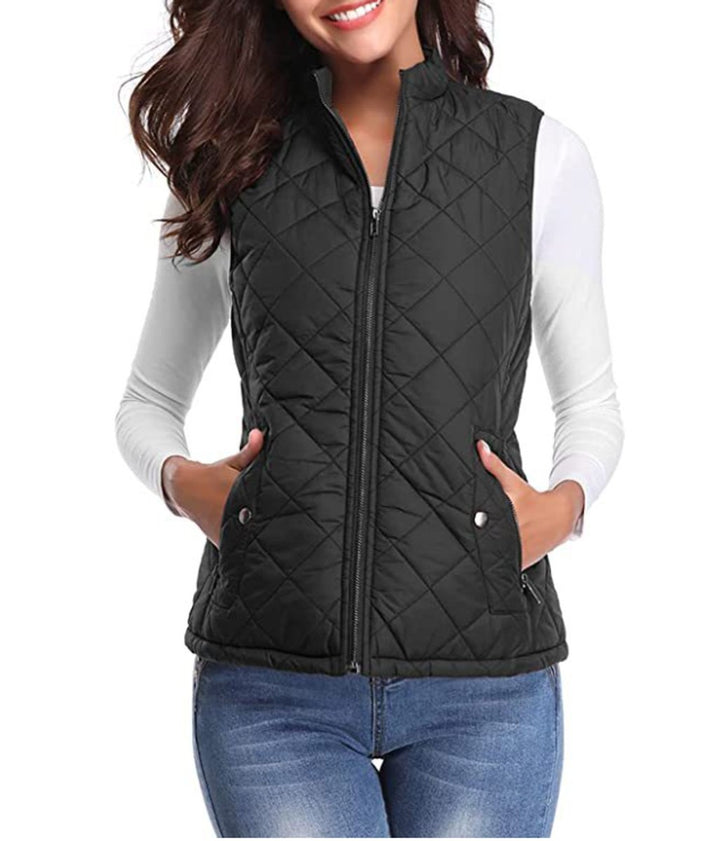 Women's Quilted Zip-Up Lightweight Puffer Vest Stand Collar - Black