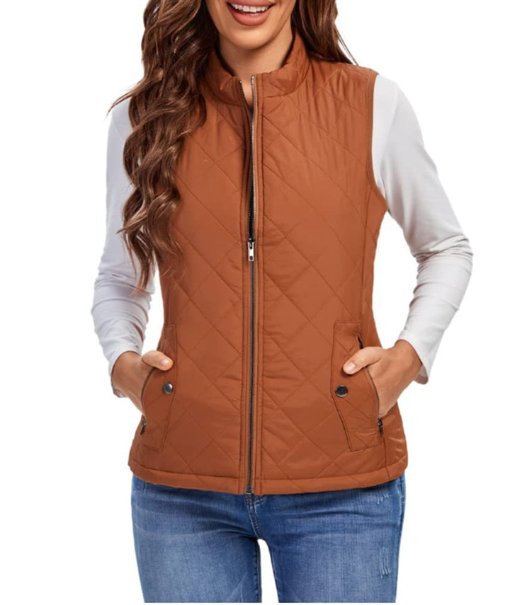 Women's Quilted Zip-Up Lightweight Puffer Vest Stand Collar - Khaki