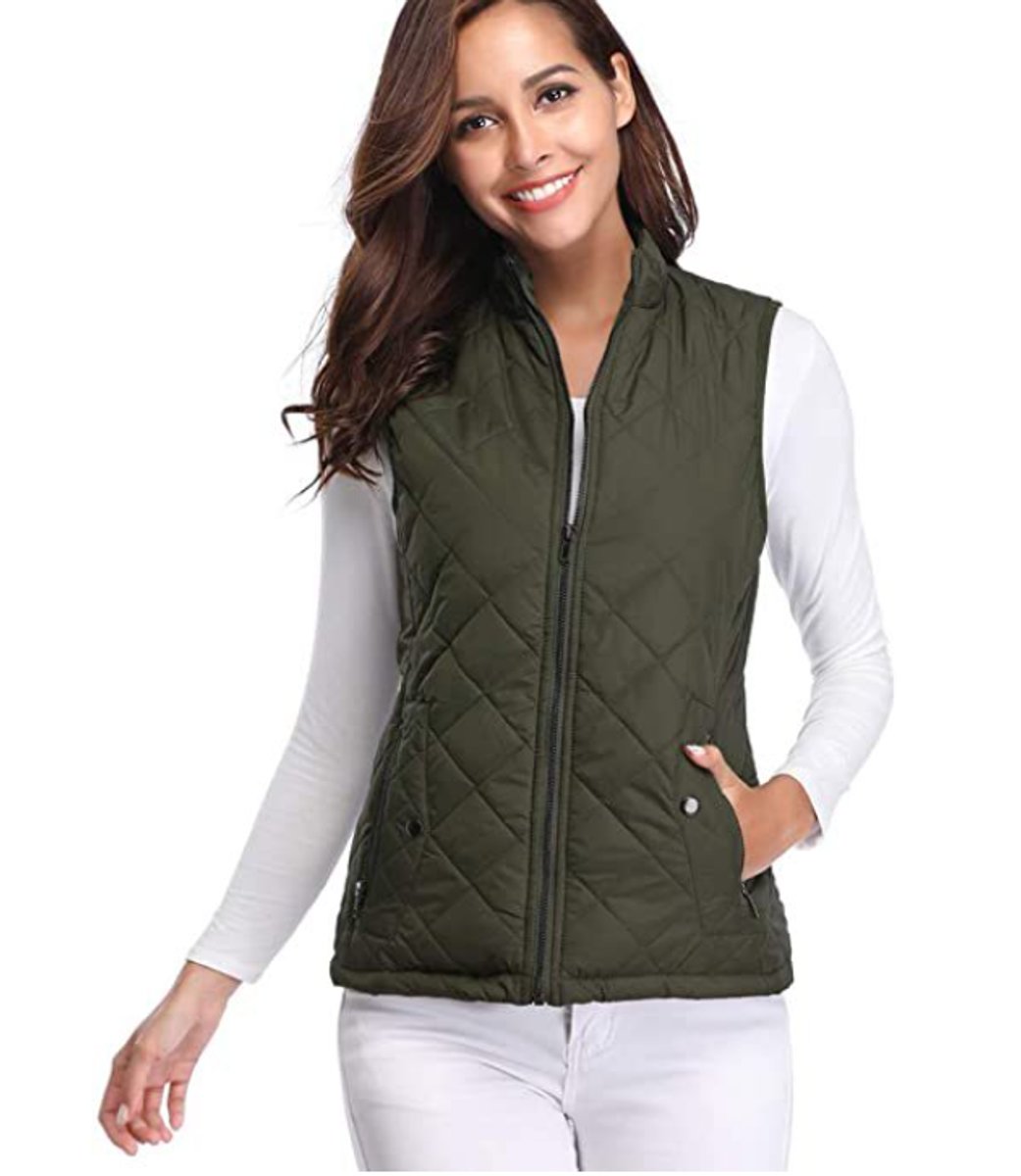 Women's Quilted Zip-Up Lightweight Puffer Vest Stand Collar - Olive Green
