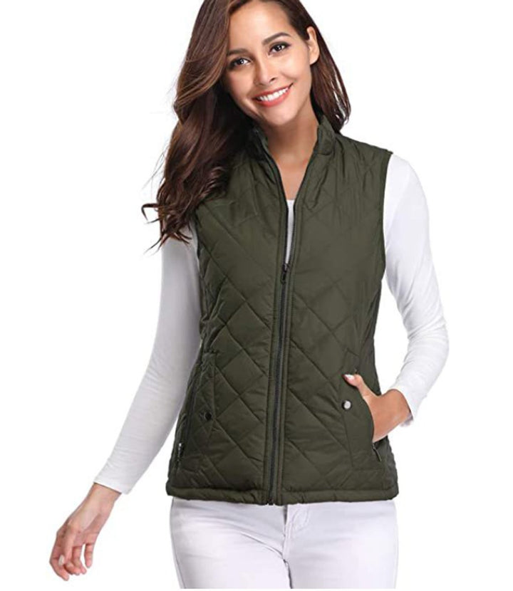 Women's Quilted Zip-Up Lightweight Puffer Vest Stand Collar - Olive Green