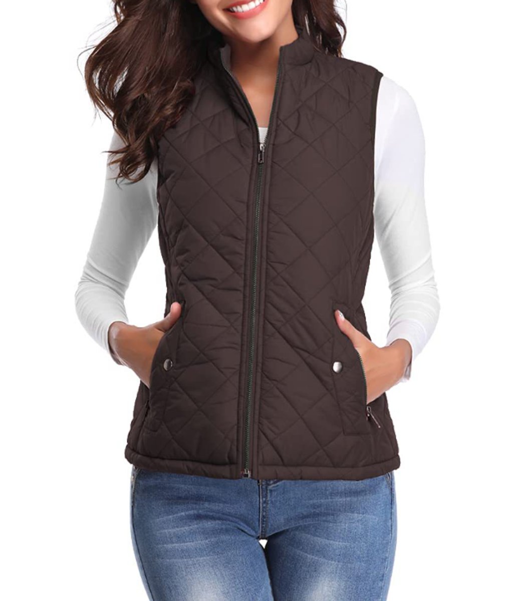 Women's Quilted Zip-Up Lightweight Puffer Vest Stand Collar - Brown