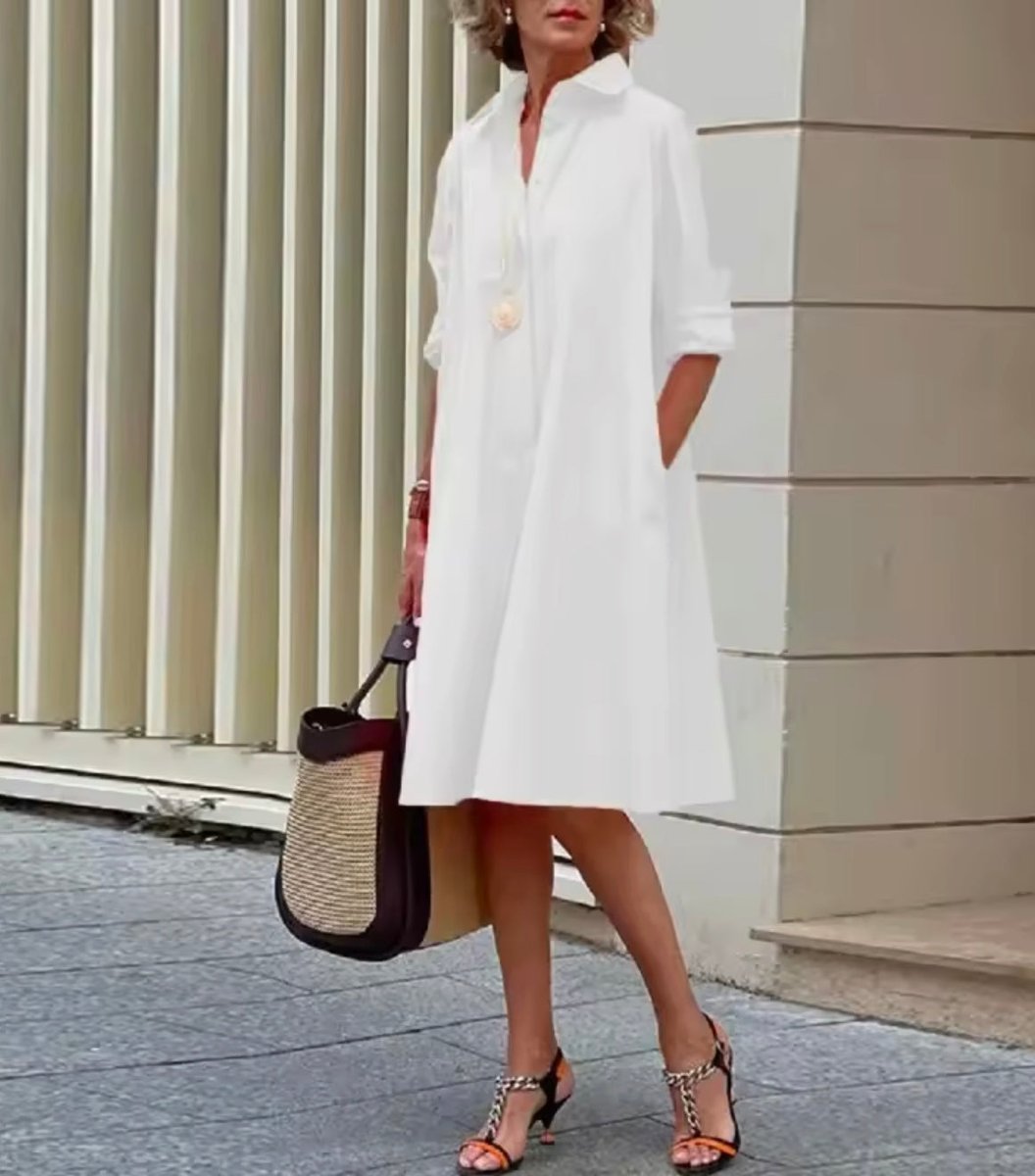Women's Relaxed A-Line Button-Down Collared Shirt Dress - White