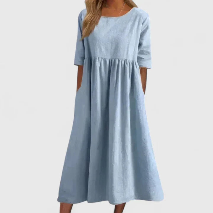 Women's Relaxed A-Line Half Sleeve Long Dress Midi Pockets - Sky Blue