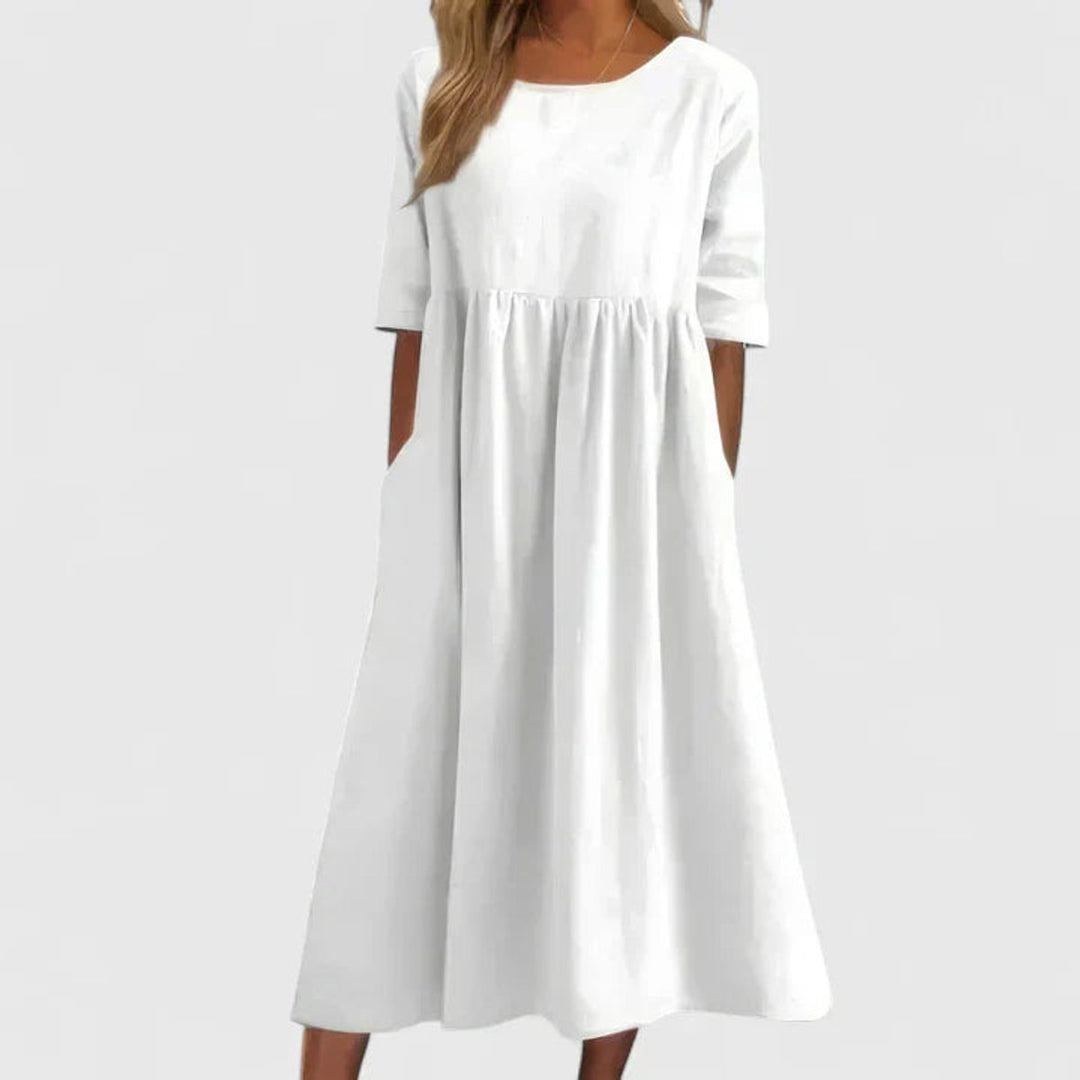 Women's Relaxed A-Line Half Sleeve Long Dress Midi Pockets - White