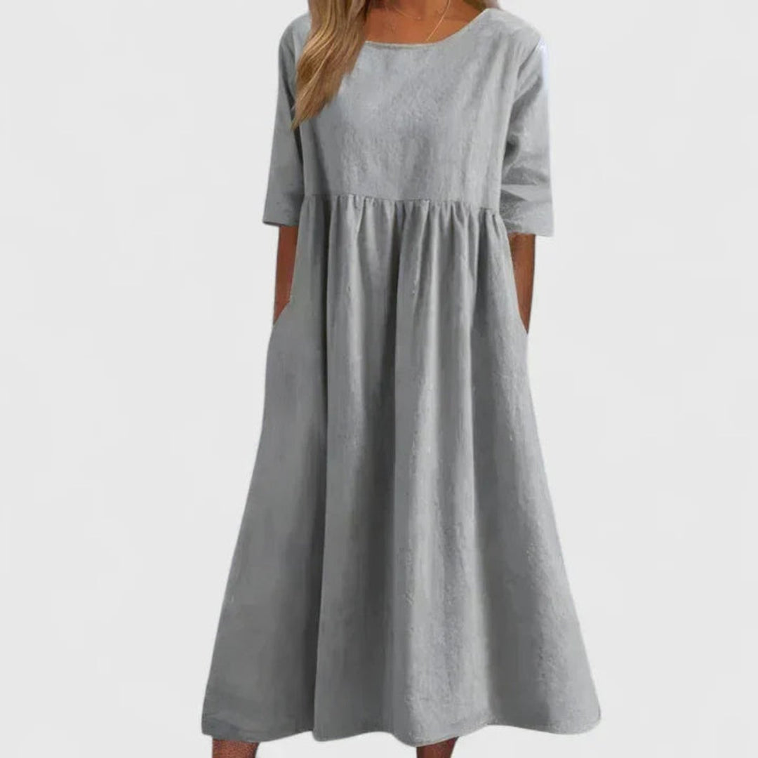 Women's Relaxed A-Line Half Sleeve Long Dress Midi Pockets - Light Gray
