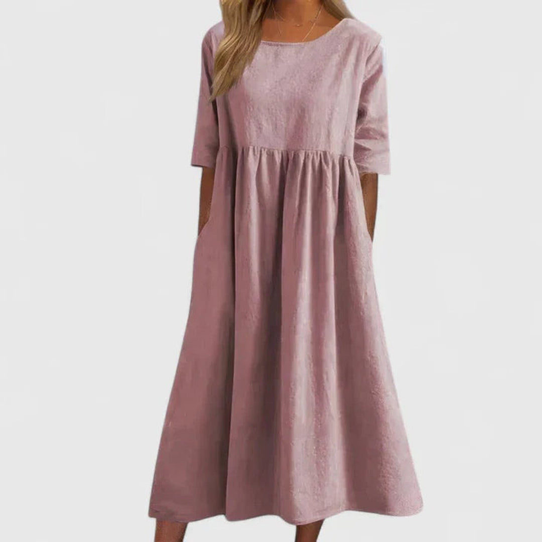 Women's Relaxed A-Line Half Sleeve Long Dress Midi Pockets - Pink