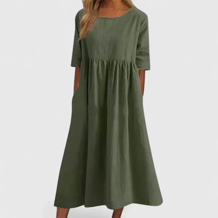 Women's Relaxed A-Line Half Sleeve Long Dress Midi Pockets - Green