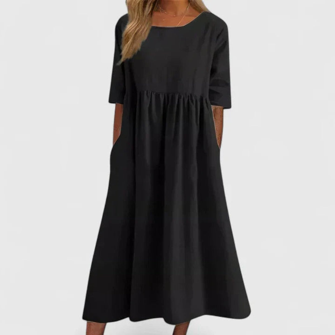 Women's Relaxed A-Line Half Sleeve Long Dress Midi Pockets - Black