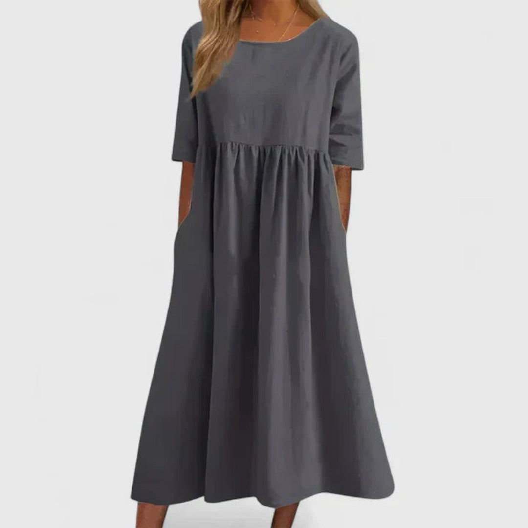 Women's Relaxed A-Line Half Sleeve Long Dress Midi Pockets - Gray