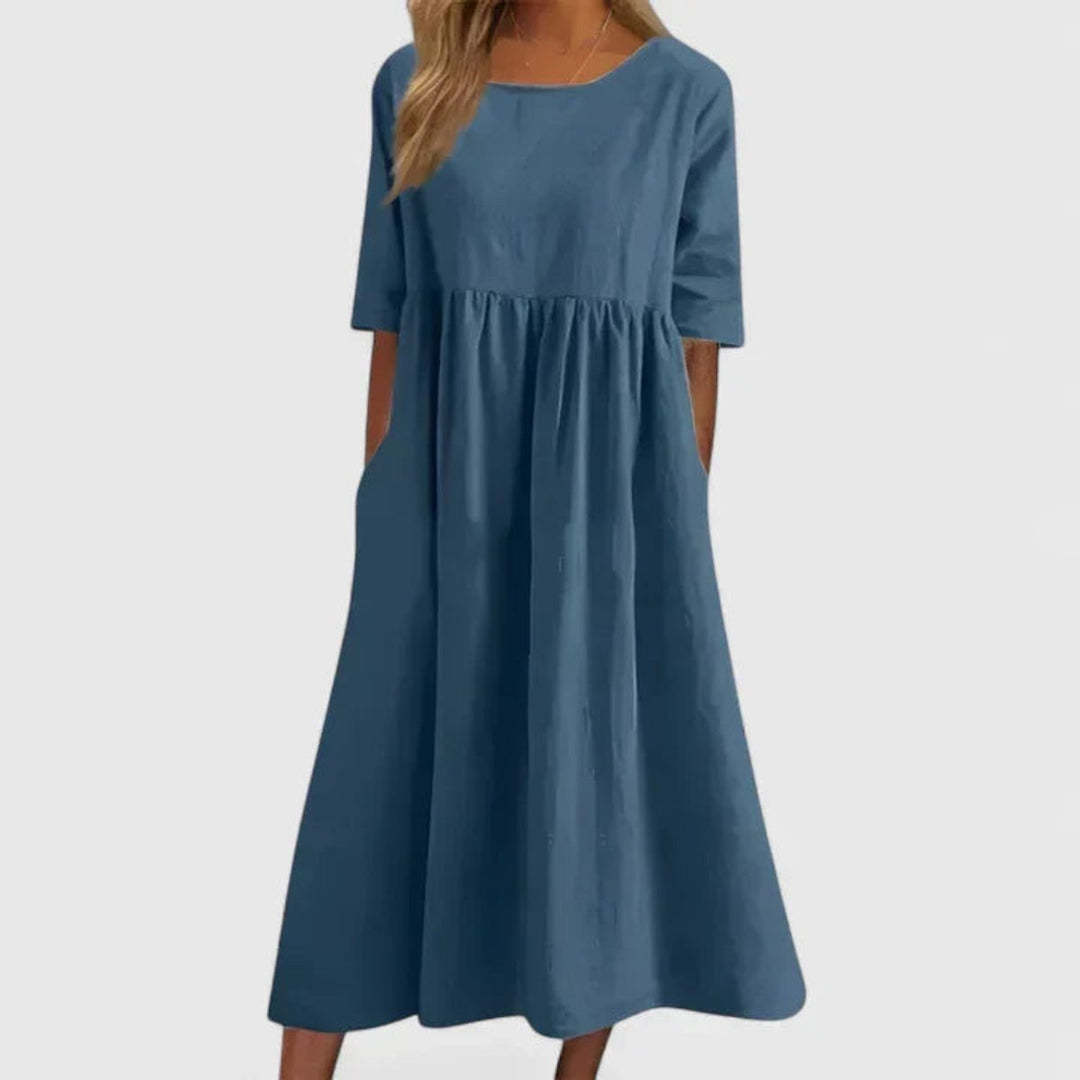 Women's Relaxed A-Line Half Sleeve Long Dress Midi Pockets - Blue