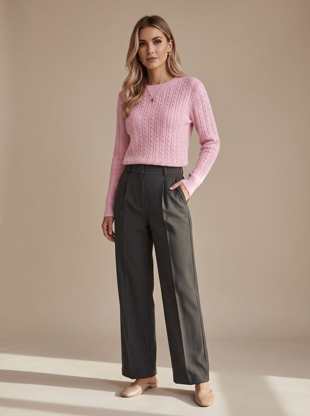 Women's Relaxed Cable Knit Crew Neck Sweater - Pink White