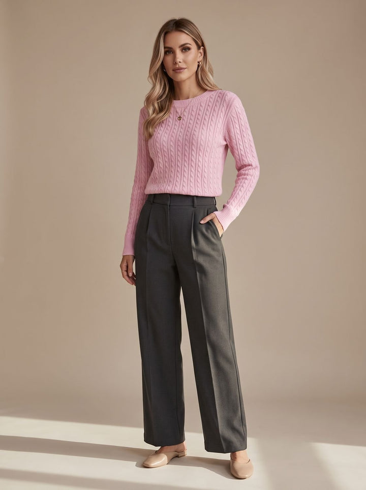 Women's Relaxed Cable Knit Crew Neck Sweater - Pink White