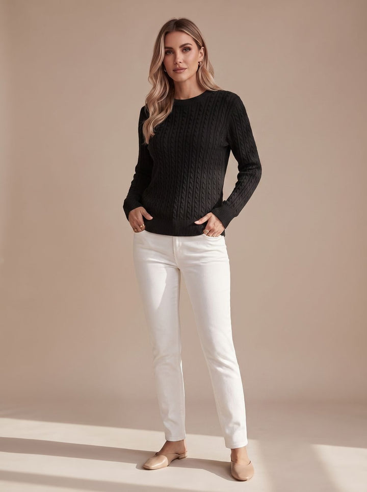 Women's Relaxed Cable Knit Crew Neck Sweater - Black