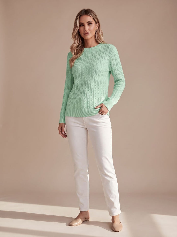 Women's Relaxed Cable Knit Crew Neck Sweater - Light Green