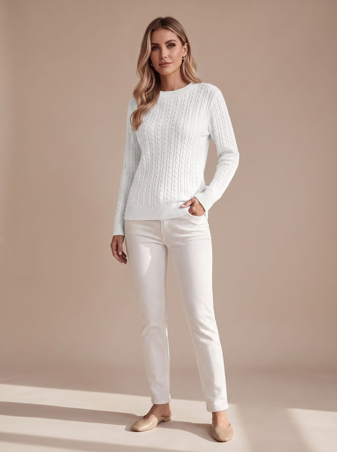 Women's Relaxed Cable Knit Crew Neck Sweater - White