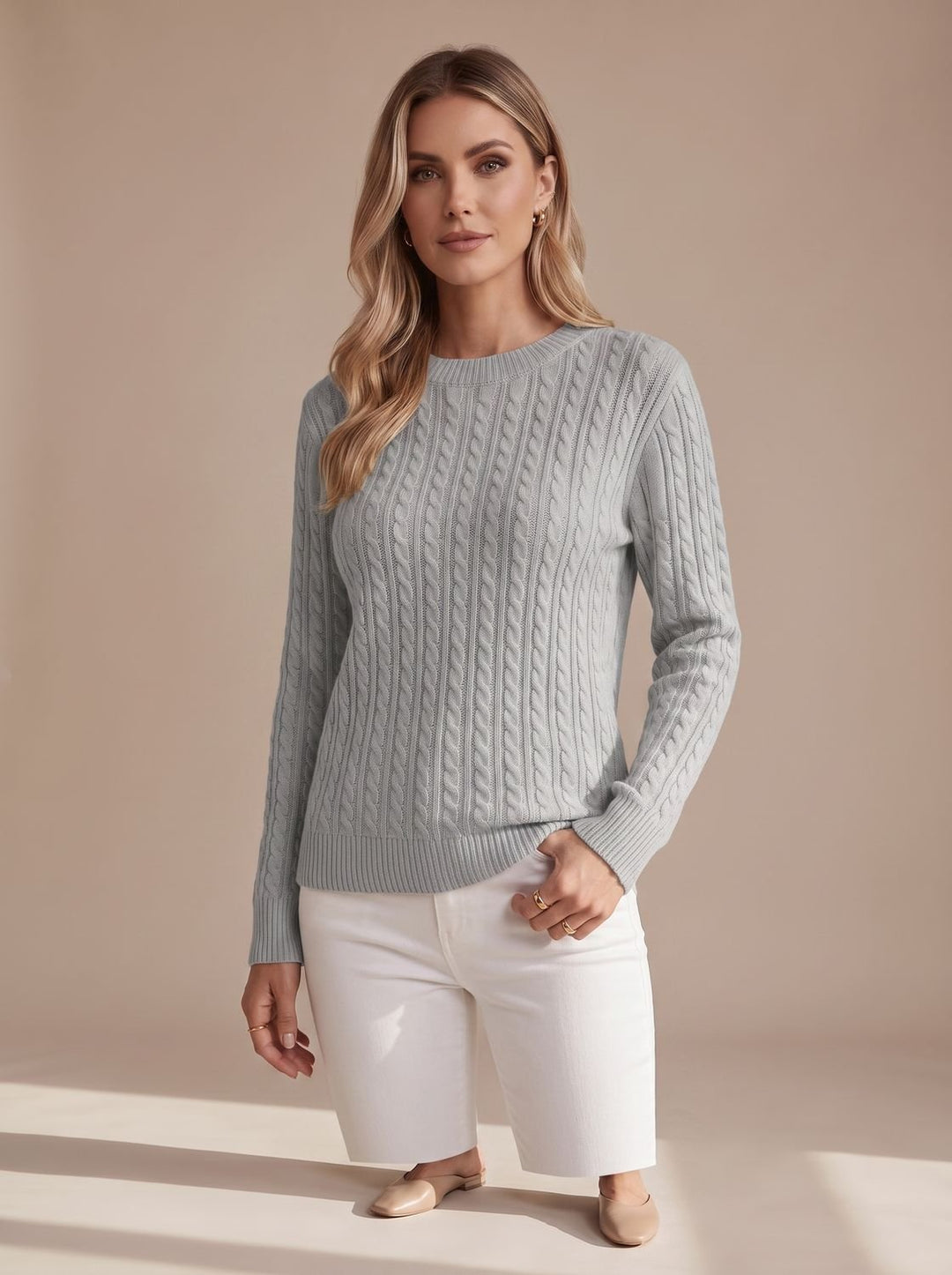Women's Relaxed Cable Knit Crew Neck Sweater - Gray
