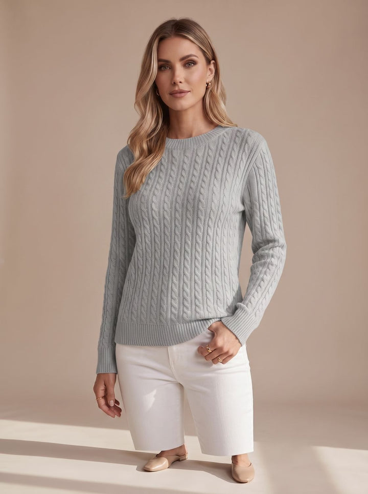 Women's Relaxed Cable Knit Crew Neck Sweater - Gray