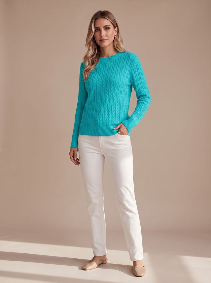 Women's Relaxed Cable Knit Crew Neck Sweater - Teal