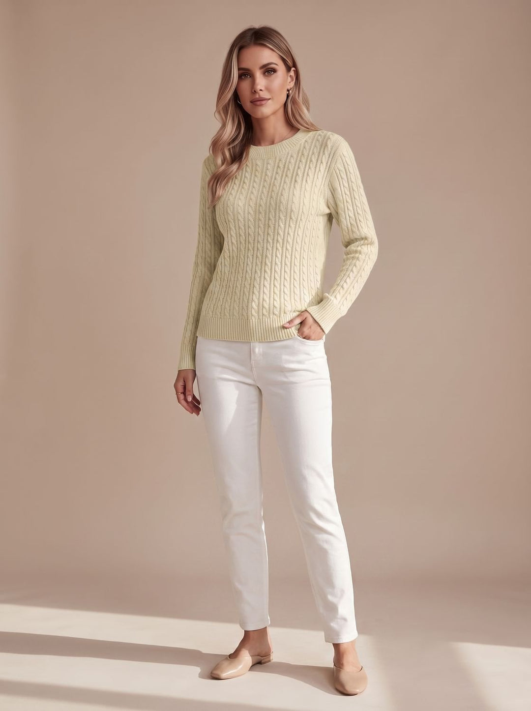 Women's Relaxed Cable Knit Crew Neck Sweater - Khaki
