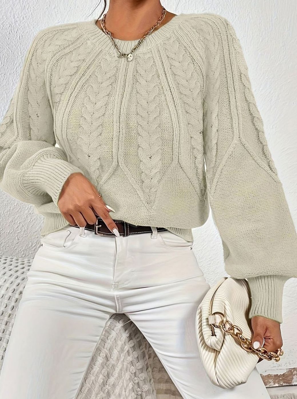 Women's Relaxed Cable-Knit Lantern Sleeve Sweater
