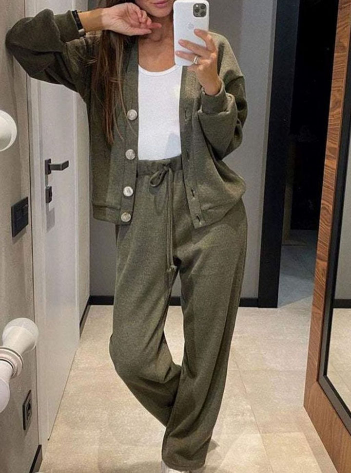 Women's Relaxed Cardigan Drawstring Wide-Leg Pants Two-Piece Set - Green