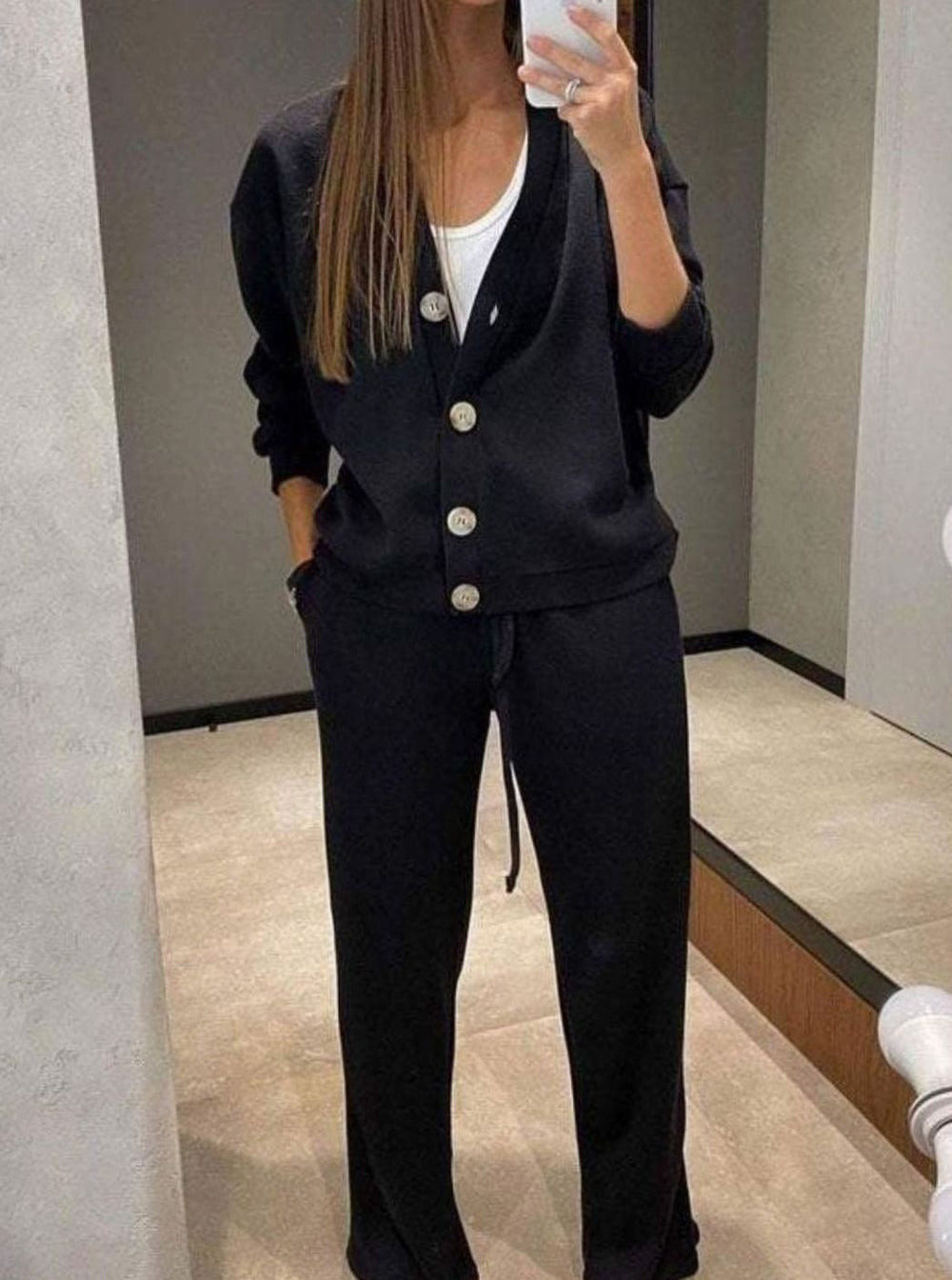 Women's Relaxed Cardigan Drawstring Wide-Leg Pants Two-Piece Set - Black
