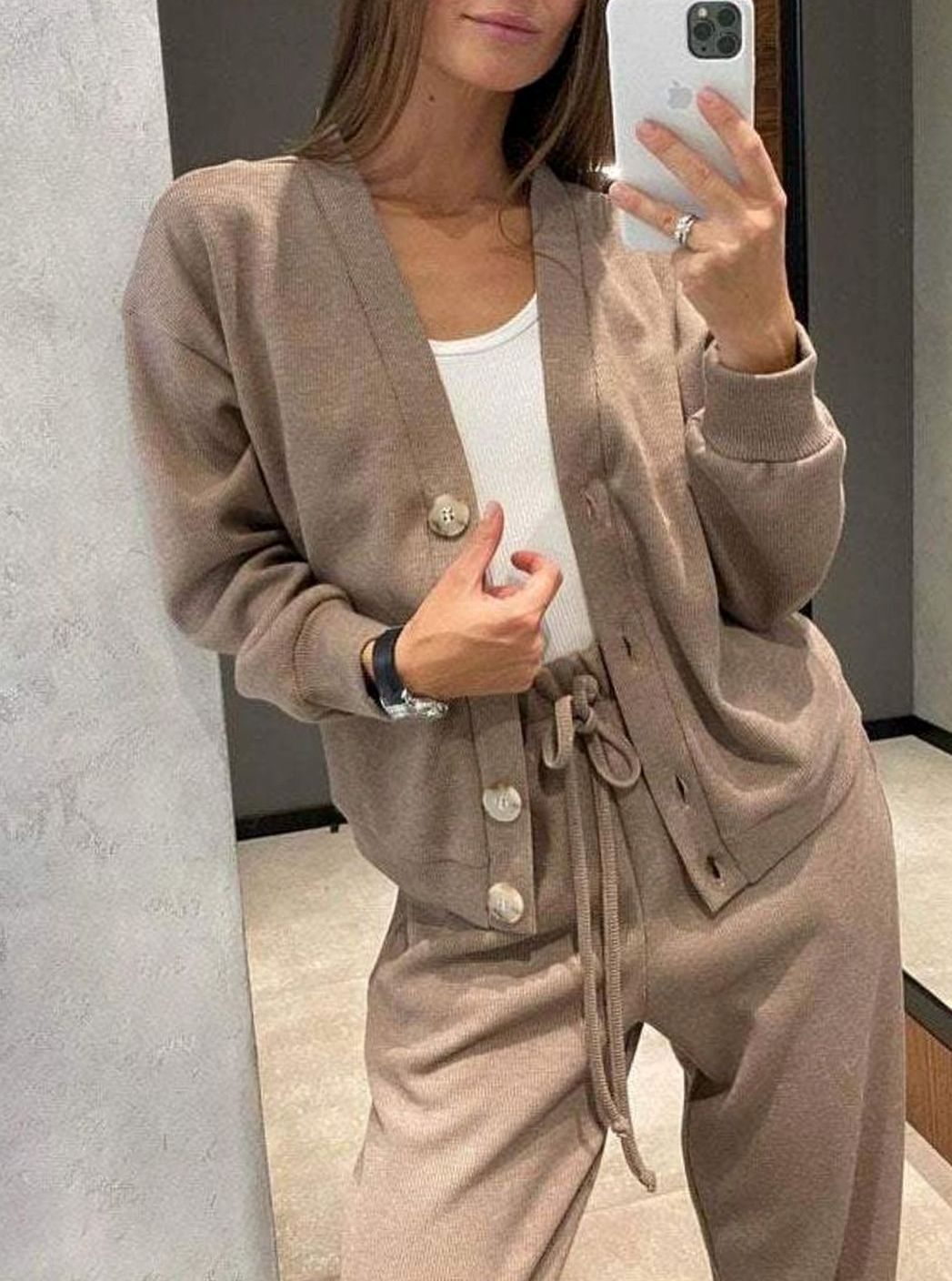 Women's Relaxed Cardigan Drawstring Wide-Leg Pants Two-Piece Set - Beige