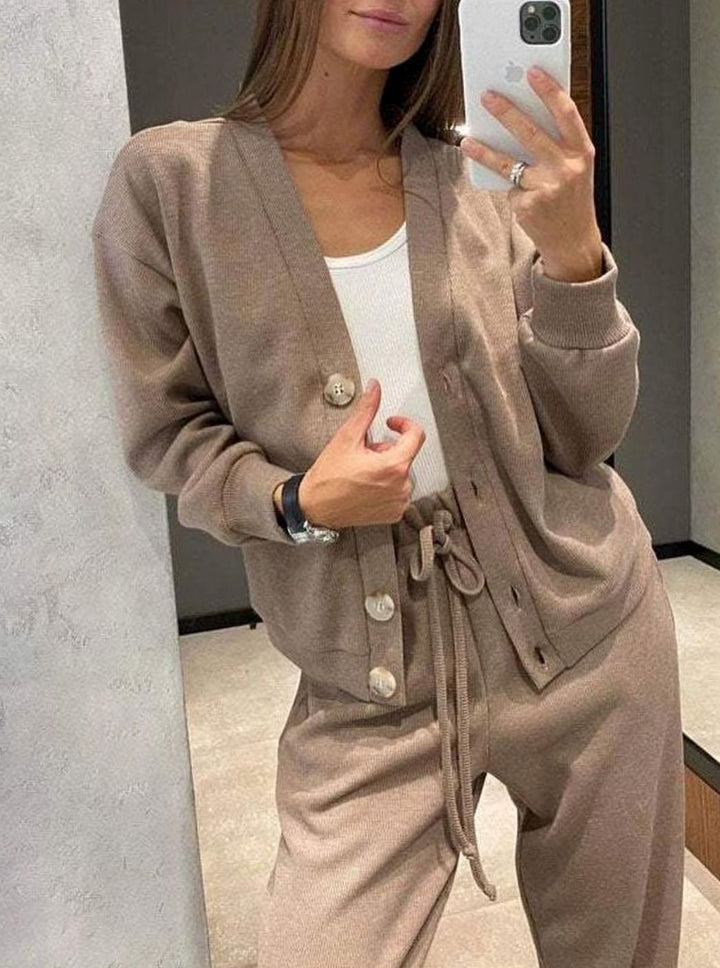 Women's Relaxed Cardigan Drawstring Wide-Leg Pants Two-Piece Set - Beige