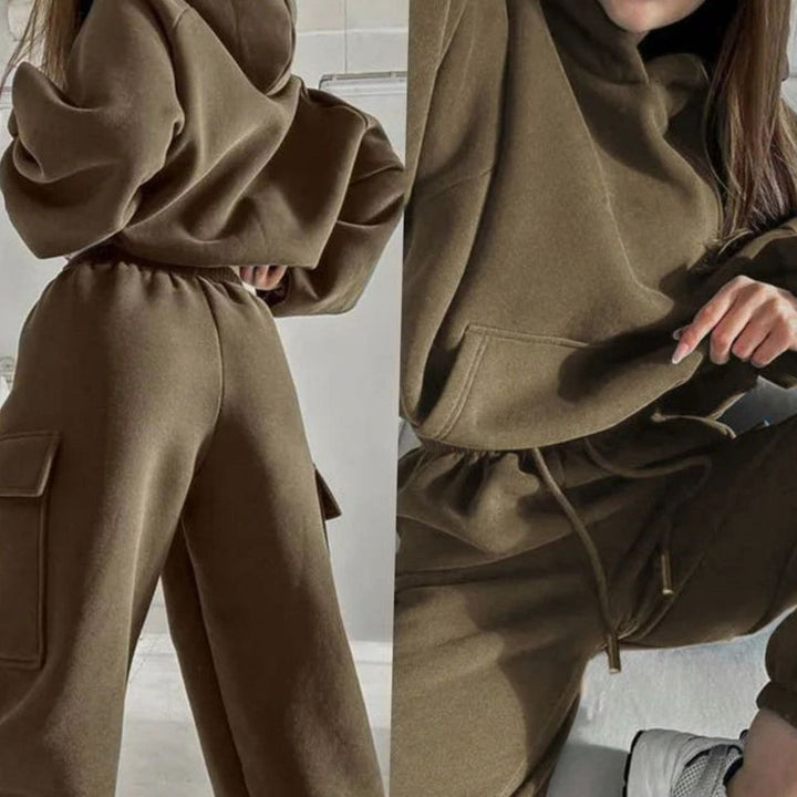Women's Relaxed Cargo Pocket Hoodie Jogger Set - Khaki