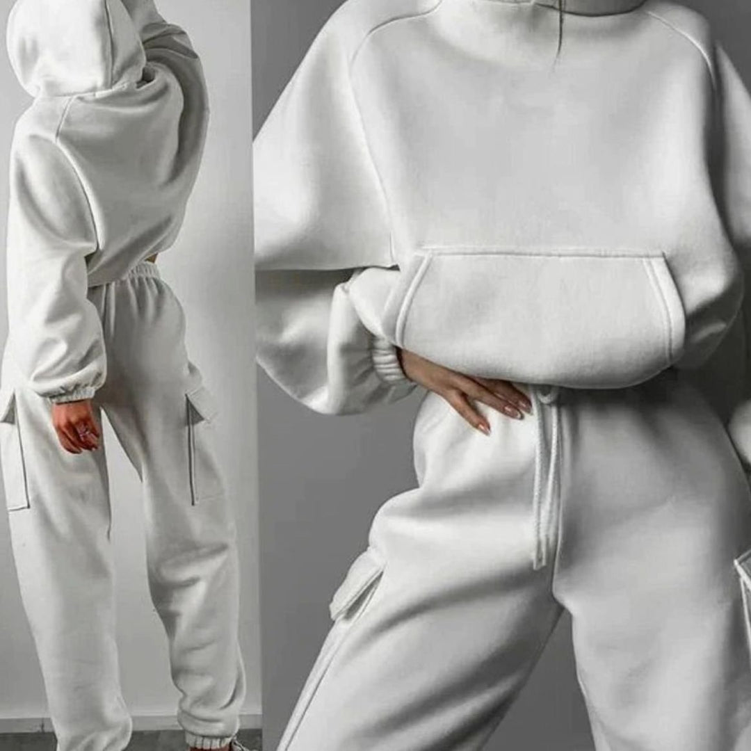 Women's Relaxed Cargo Pocket Hoodie Jogger Set - White