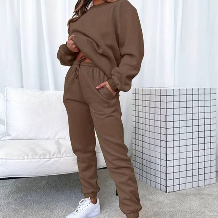 Women's Relaxed Crewneck Matching Sweatshirt Jogger Set - Brown