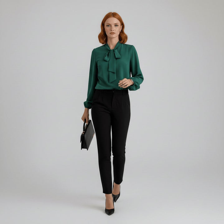 Women's Relaxed-Fit Bow-Tie Neck Long-Sleeve Blouse