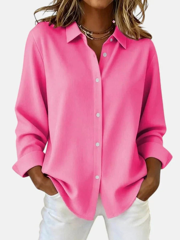Women's Relaxed-Fit Button-Down Long-Sleeve Collared Blouse - Fuchsia