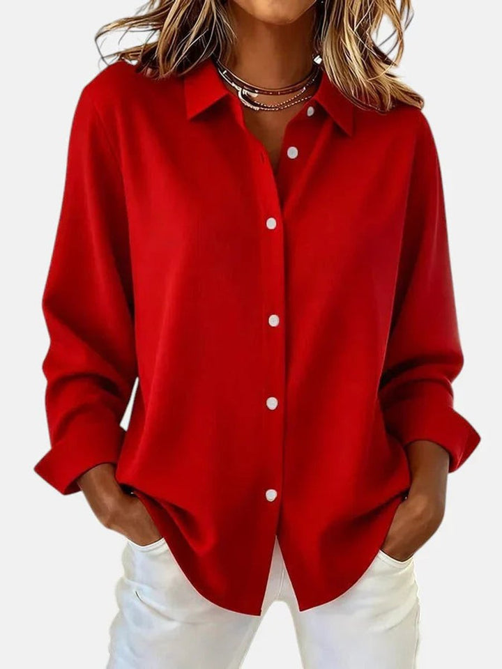 Women's Relaxed-Fit Button-Down Long-Sleeve Collared Blouse - Red